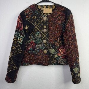 Vintage Painted Pony Tapestry Jacket Womens M Black Floral Boho Cottage‎ Granny
